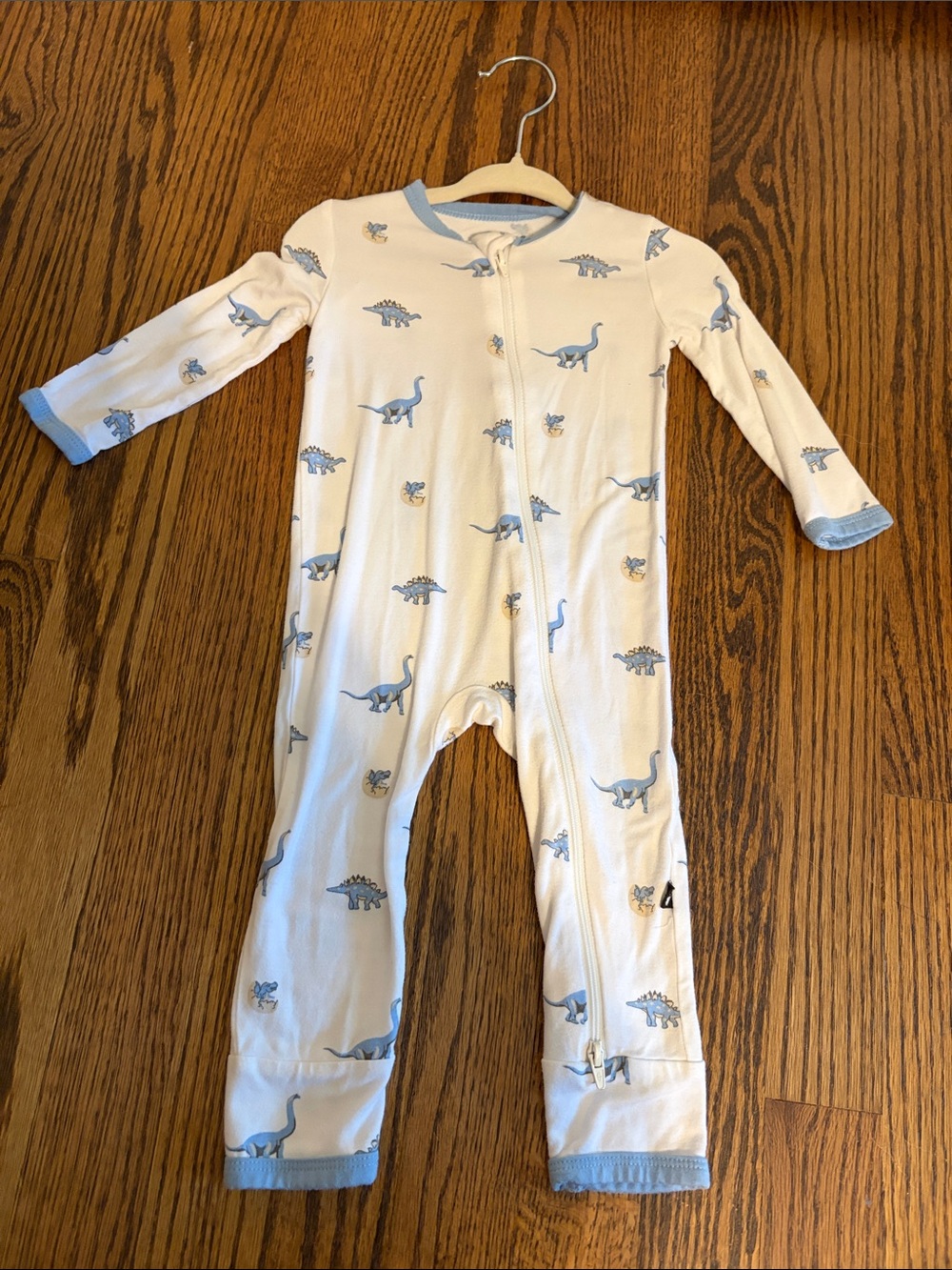 Kyte BABY White One-Piece with Light Blue Dinosaur Print
